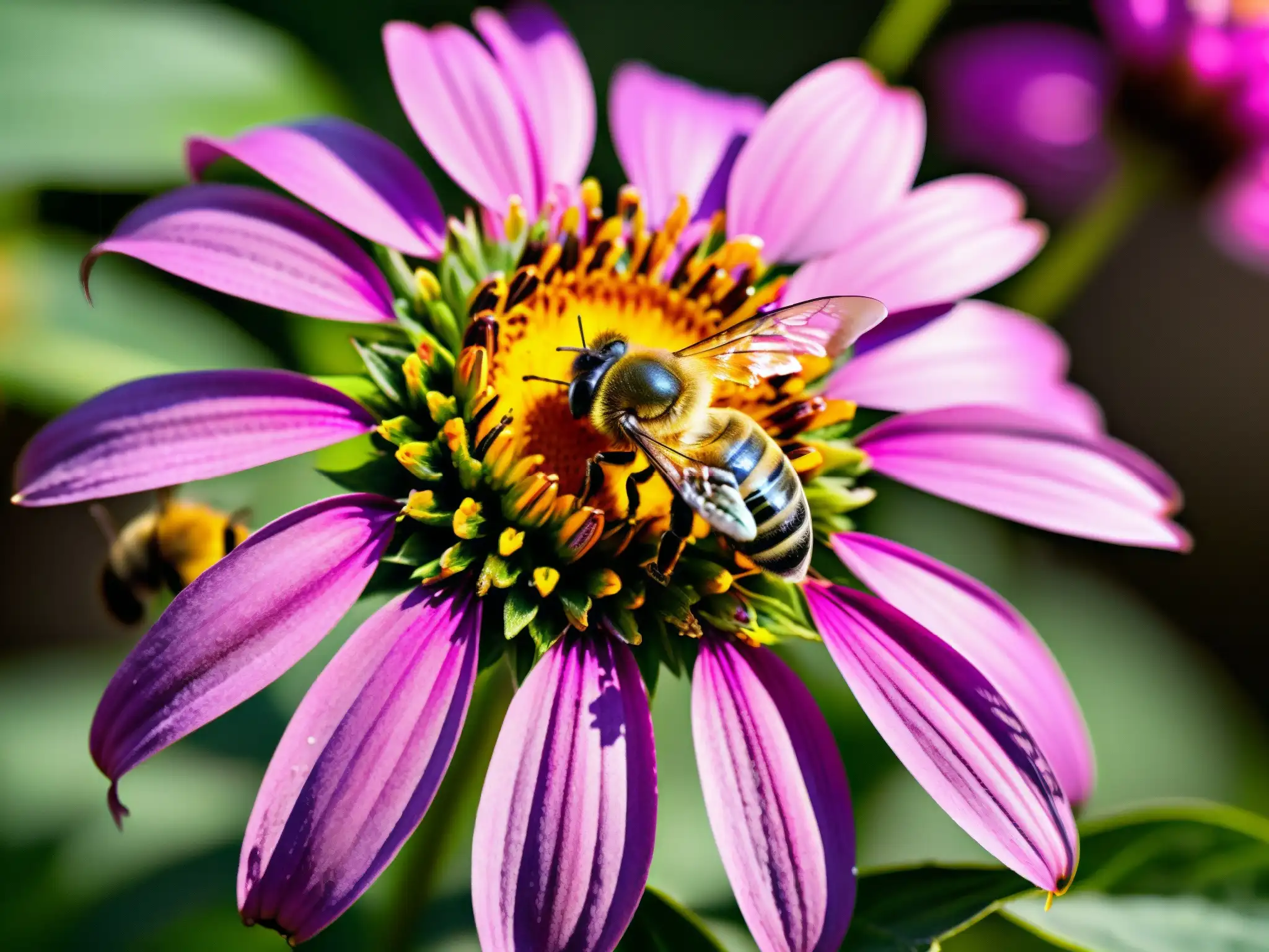 Una abeja polinizando una coneflower morada en un prado diverso, resaltando la protección legal y la conservación terrestre de los polinizadores