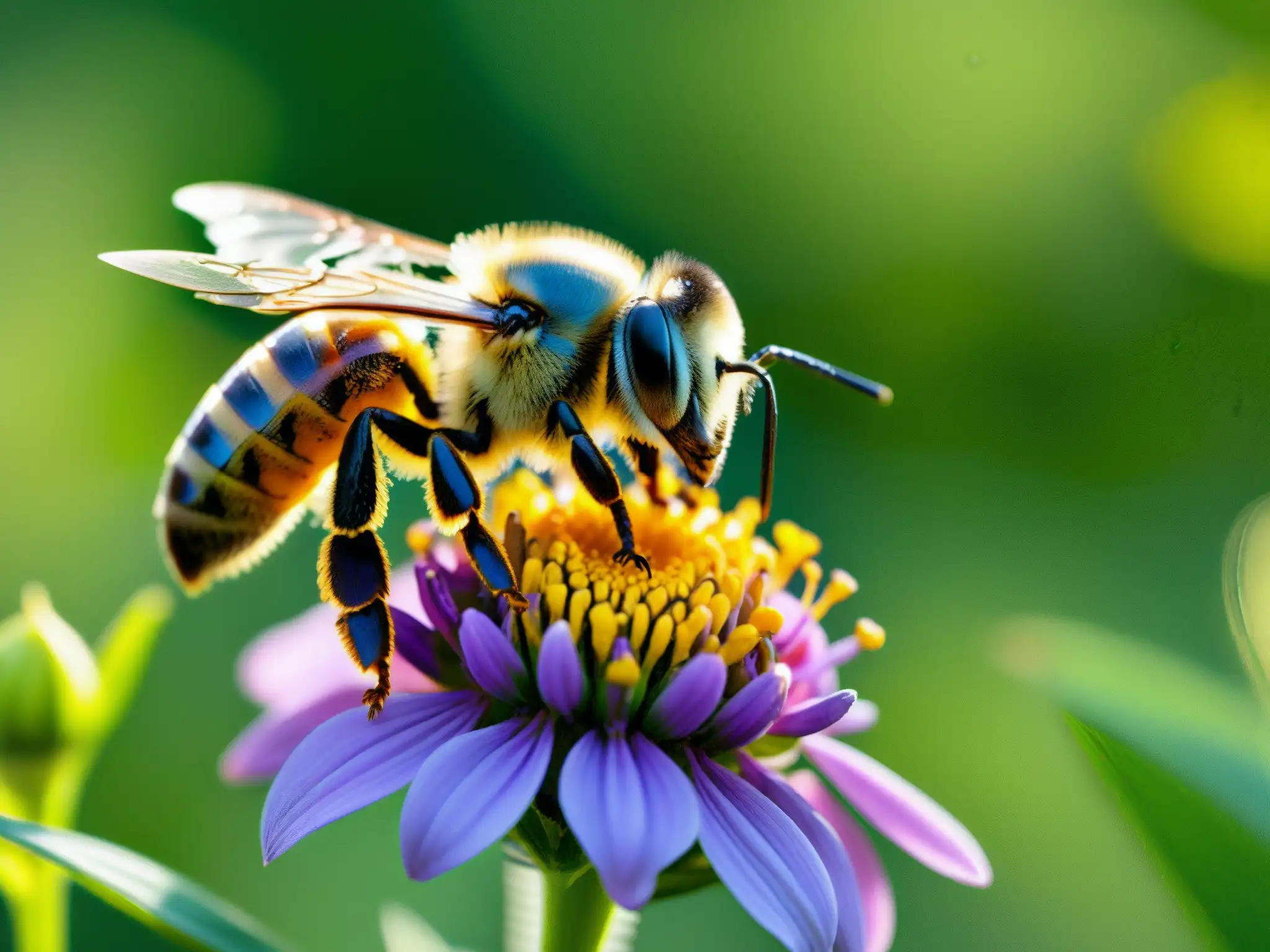 Una abeja cubierta de polen amarillo vibrante, sobre una delicada flor morada, en un entorno natural exuberante