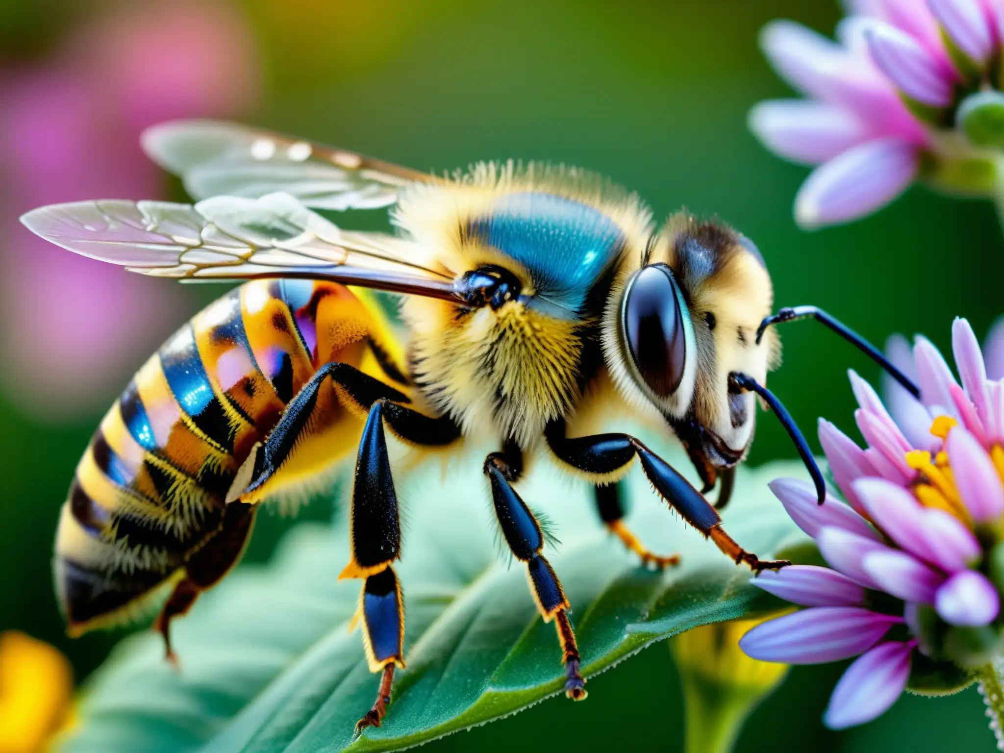 Una abeja cubierta de polen se acerca a una flor vibrante en medio de un escenario de coloridas flores silvestres