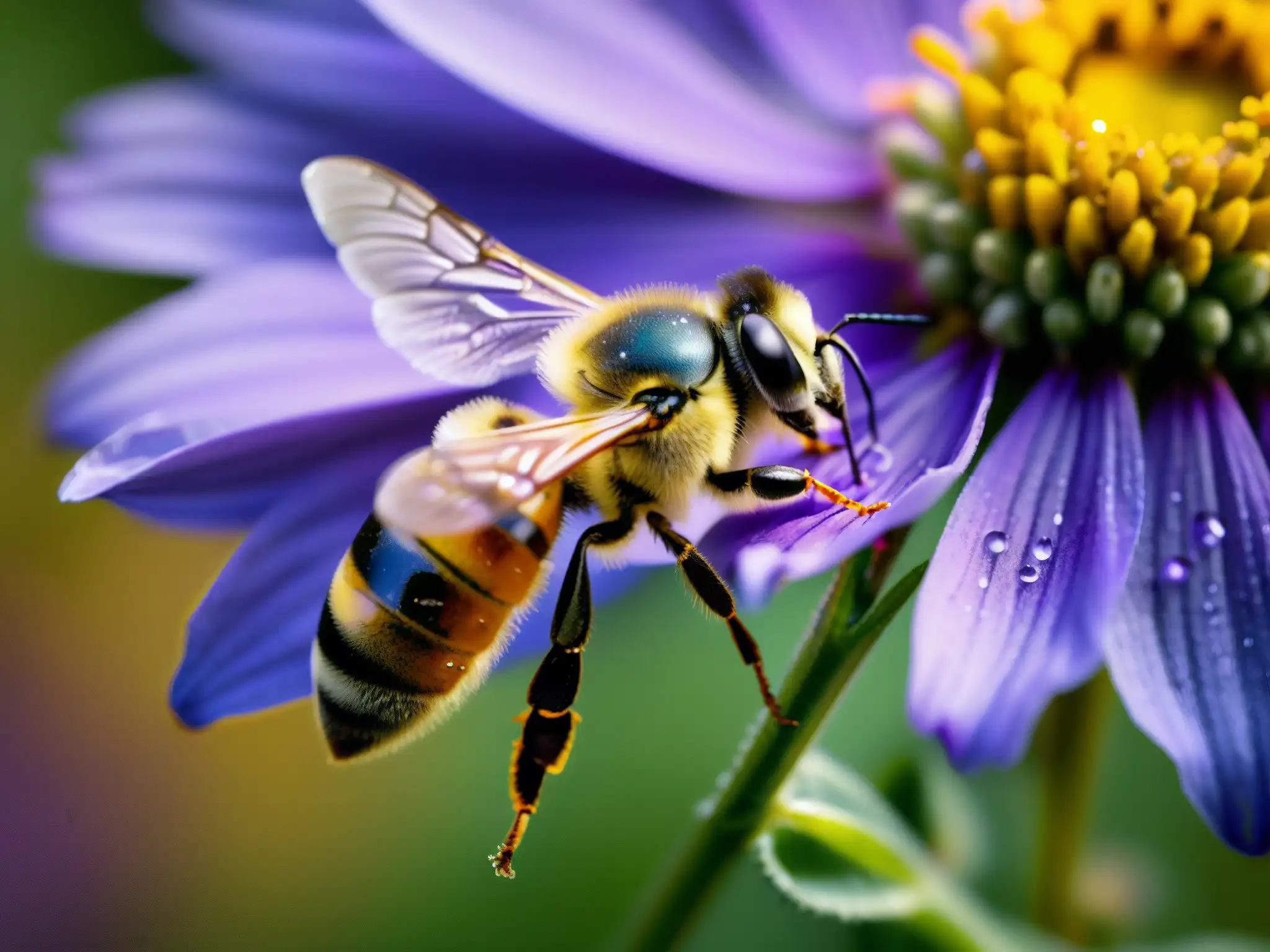 Una abeja cubierta de polen sobrevuela una vibrante flor morada mientras el sol dora la escena