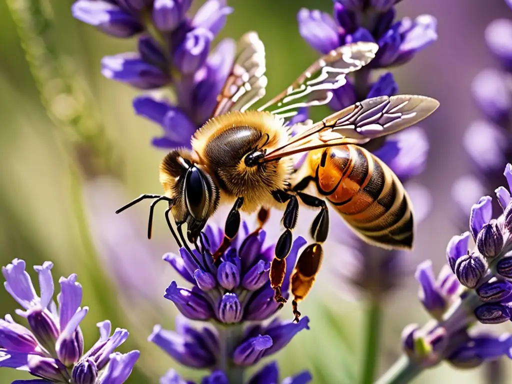 Una abeja recolectando néctar en una flor de lavanda, resaltando su papel en la protección legal de los polinizadores y la conservación terrestre