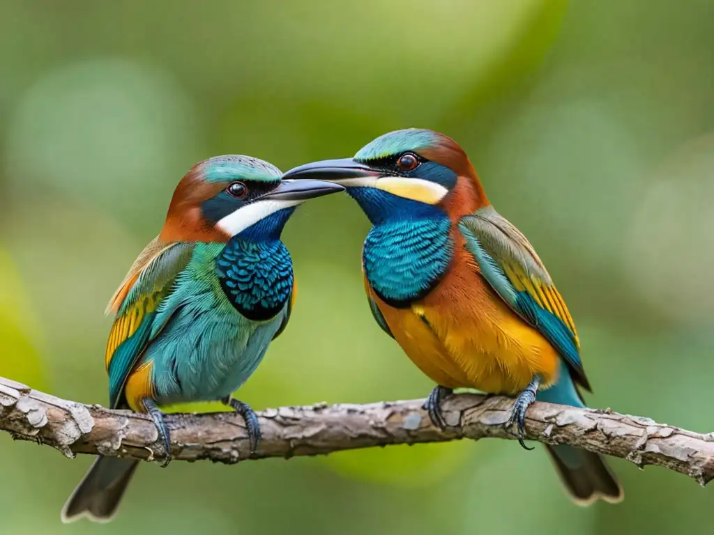 Dos abejarucos europeos en pleno vuelo, con plumaje vibrante, detalladas plumas y picos, en su hábitat natural europeo