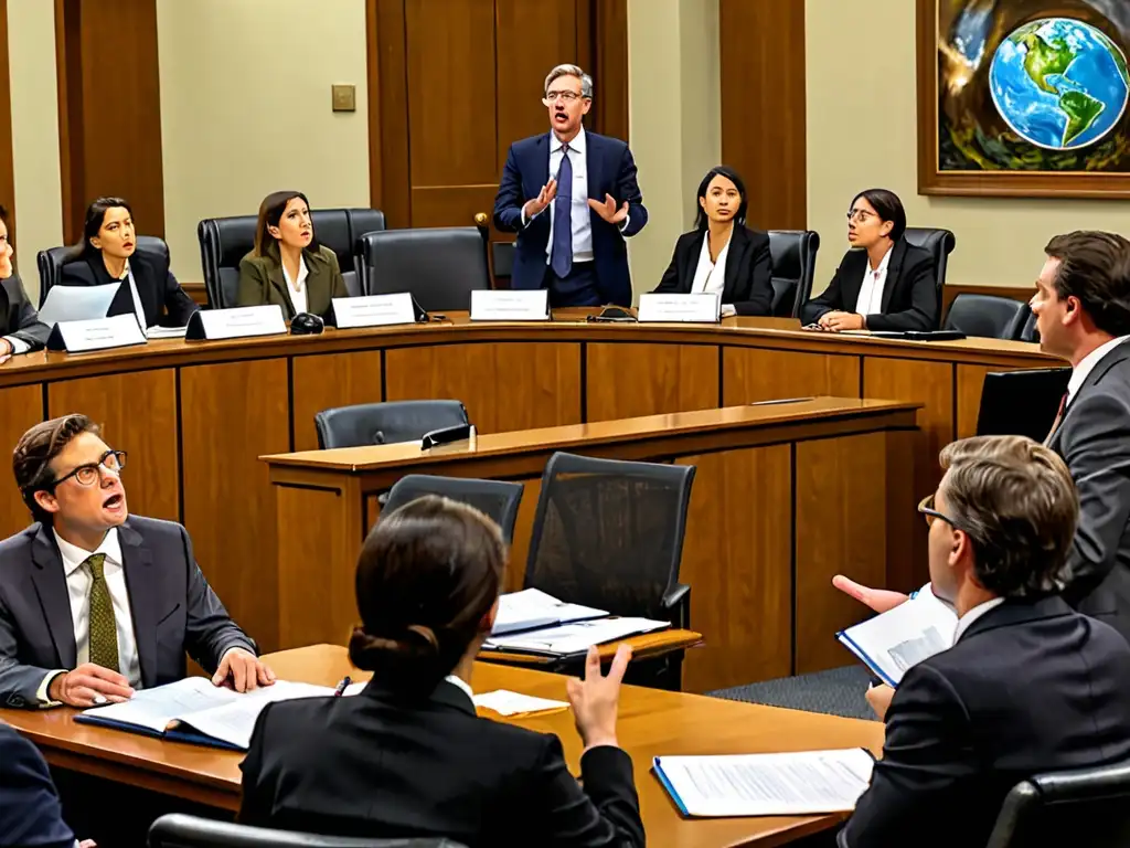 Abogados y activistas ambientales debaten en la corte sobre la defensa legal medio ambiente desastres, mostrando determinación y urgencia