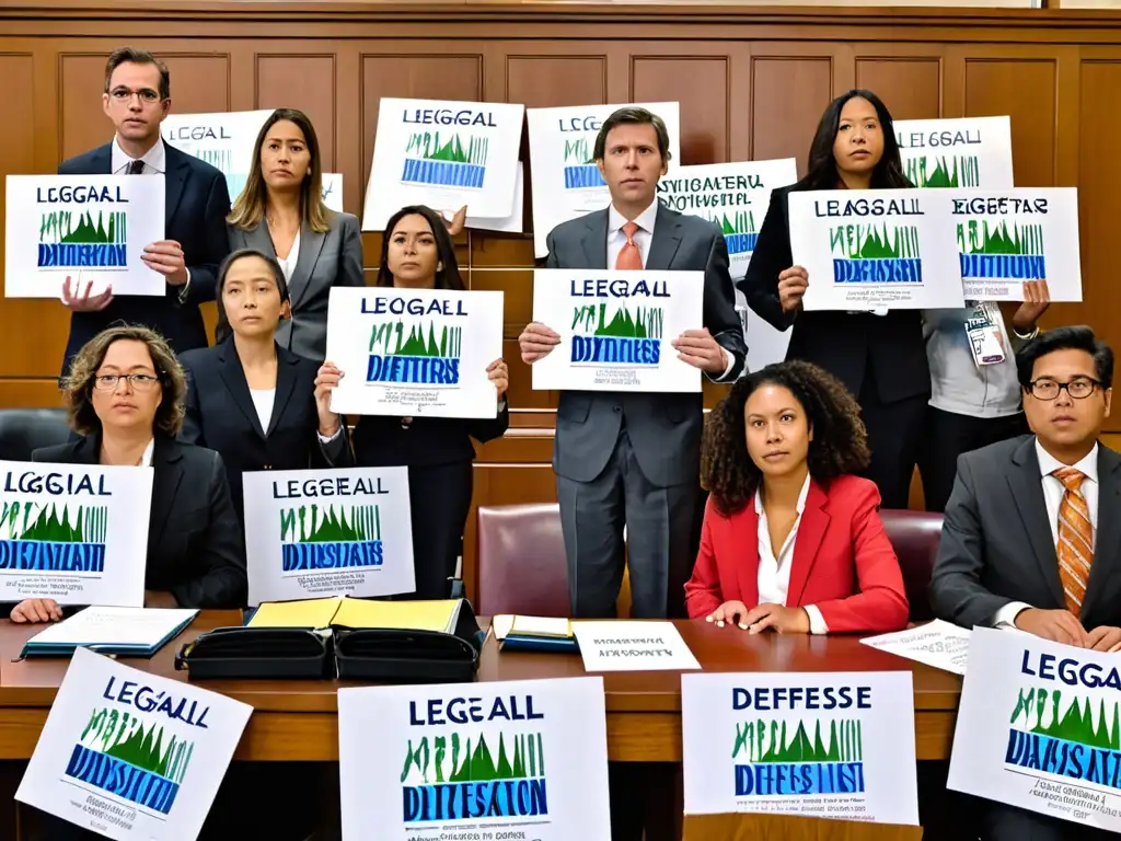 Abogados y activistas defensores del medio ambiente frente a la corte, con pancartas y documentos