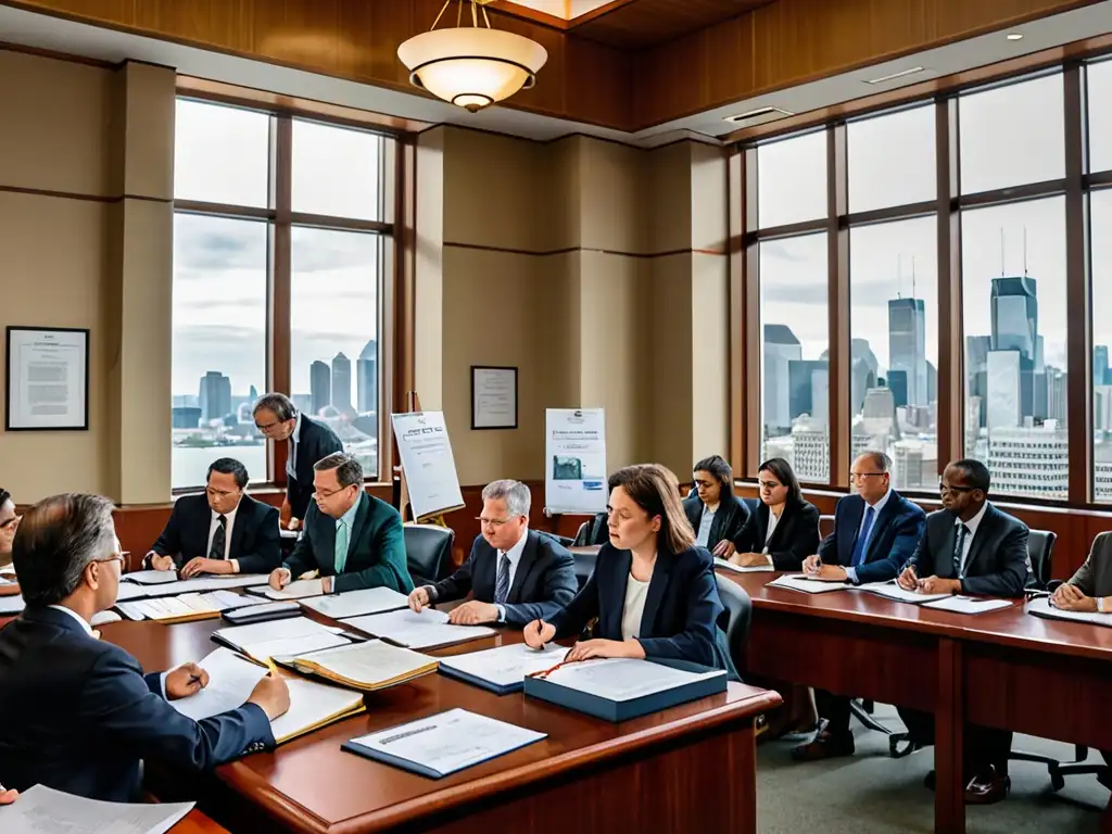 Abogados y activistas medioambientales preparan estrategias en la sala del tribunal, rodeados de documentos y libros de leyes, con la ciudad de fondo