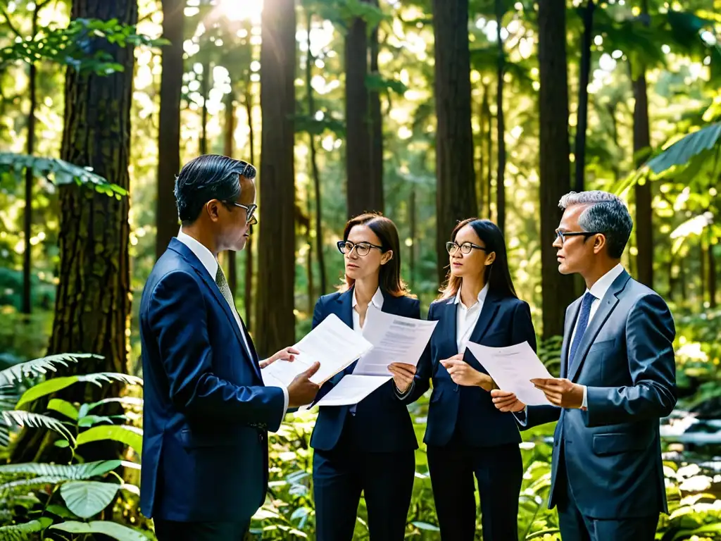 Abogados ambientales debaten estrategias éticas en bosque exuberante