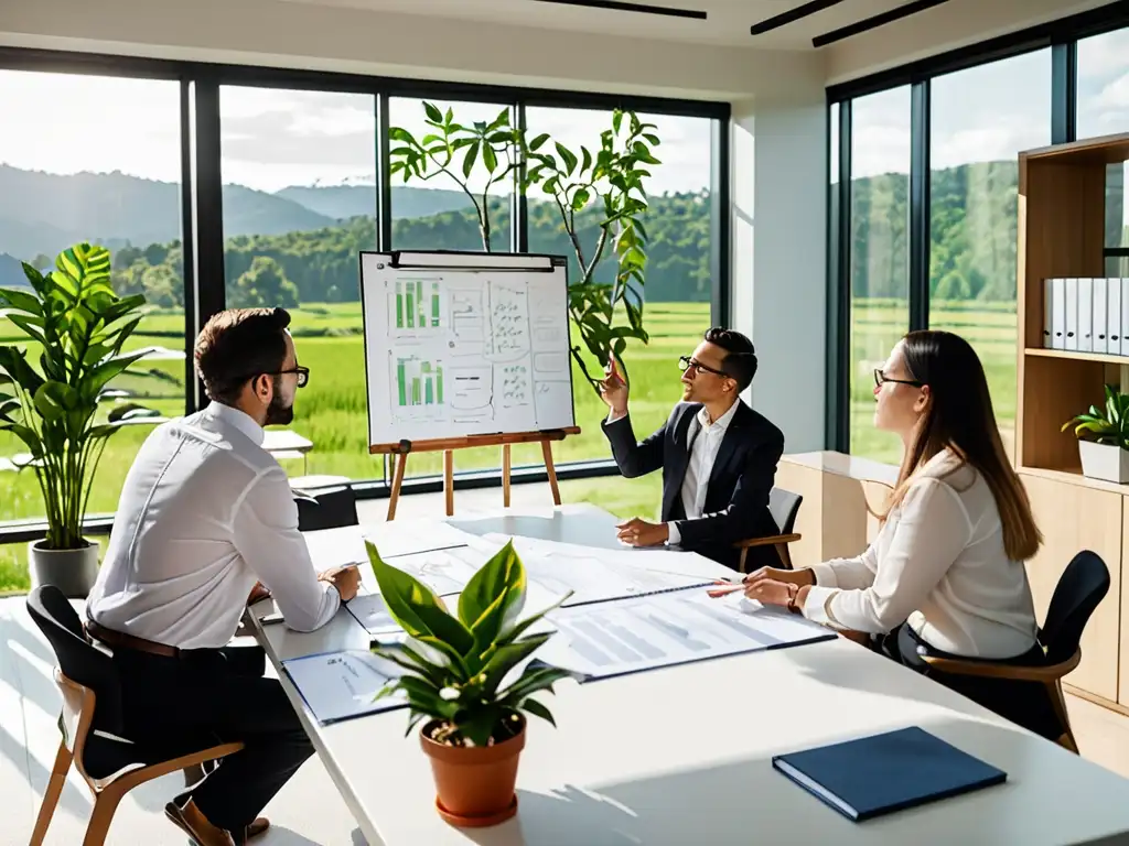 Abogados ambientales debatiendo ética y prácticas sostenibles en una oficina moderna con vista a un paisaje verde exuberante