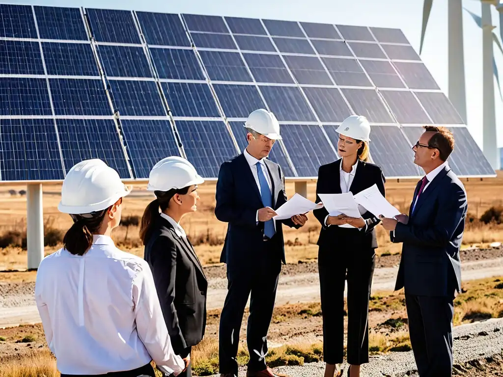 Abogados ambientales en planta de energía renovable, discutiendo documentos legales bajo el sol, simbolizando la transformación sostenible de empresas