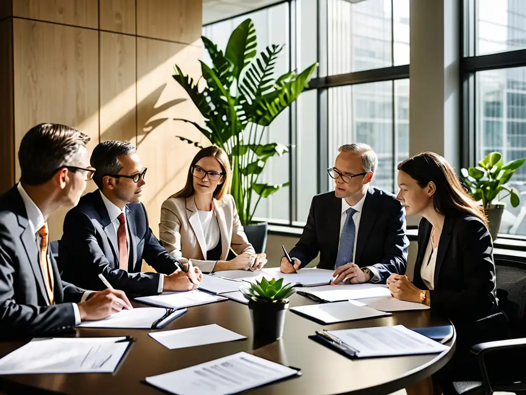 Abogados y expertos ambientales implementando prácticas legales sostenibles Abogados y expertos en derecho ambiental discuten prácticas sostenibles en una oficina moderna y luminosa, rodeados de documentos legales y plantas