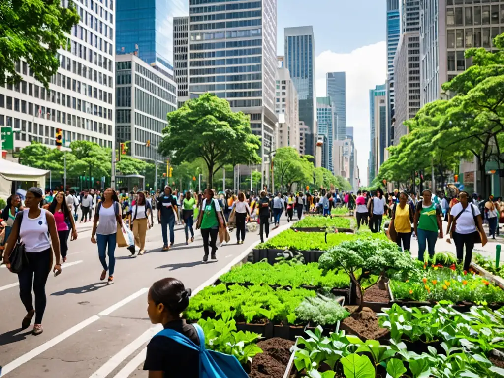 Activismo verde transformando la ciudad, impacto global del activismo verde en la vida urbana con comunidad diversa cuidando el medio ambiente