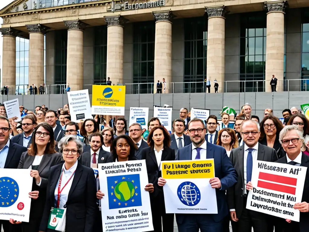 Activistas y abogados se reúnen frente al Parlamento Europeo, abogando por la importancia de la justicia ambiental en una protesta pacífica