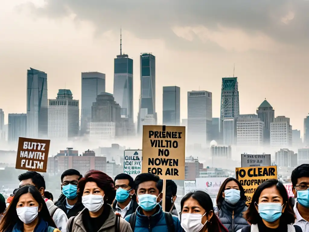 Activistas luchando por aire limpio en una ciudad con smog, impacto global leyes aire limpio