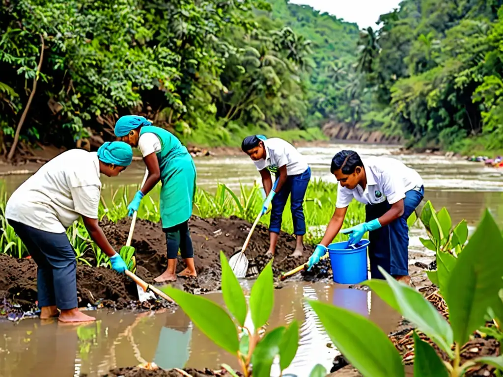 Activistas ambientales plantando árboles y limpiando un río