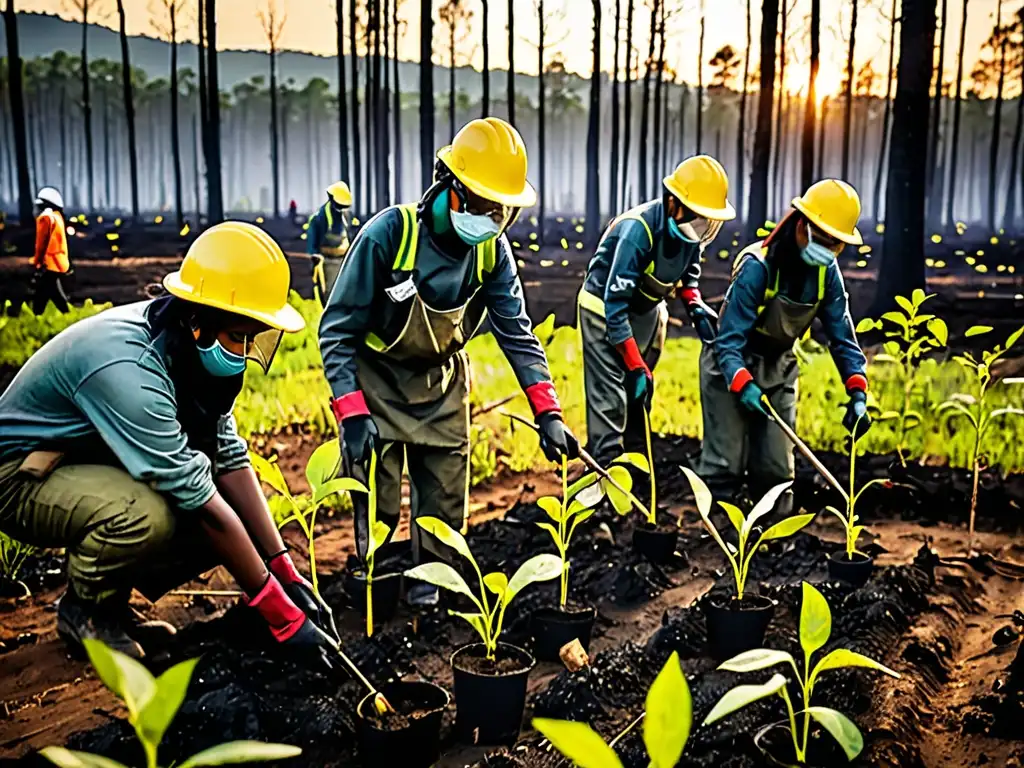 Activistas ambientales plantan árboles en zona deforestada al atardecer, simbolizando la importancia de las ONGs en Derecho Ambiental