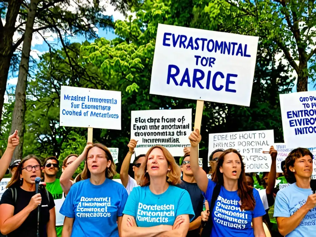 Activistas ambientales protestan pacíficamente frente a un edificio gubernamental, exigiendo la importancia de las ONGs en legislación ambiental