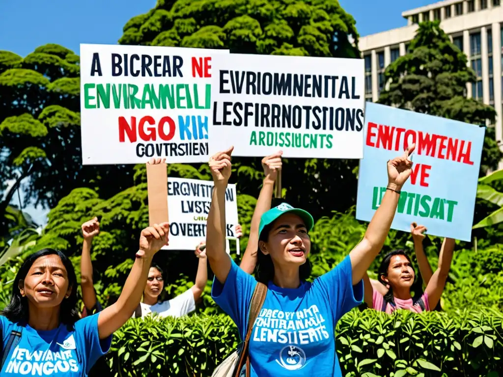 Activistas ambientales protestan frente al edificio gubernamental, promoviendo la Importancia de las ONGs en legislación ambiental