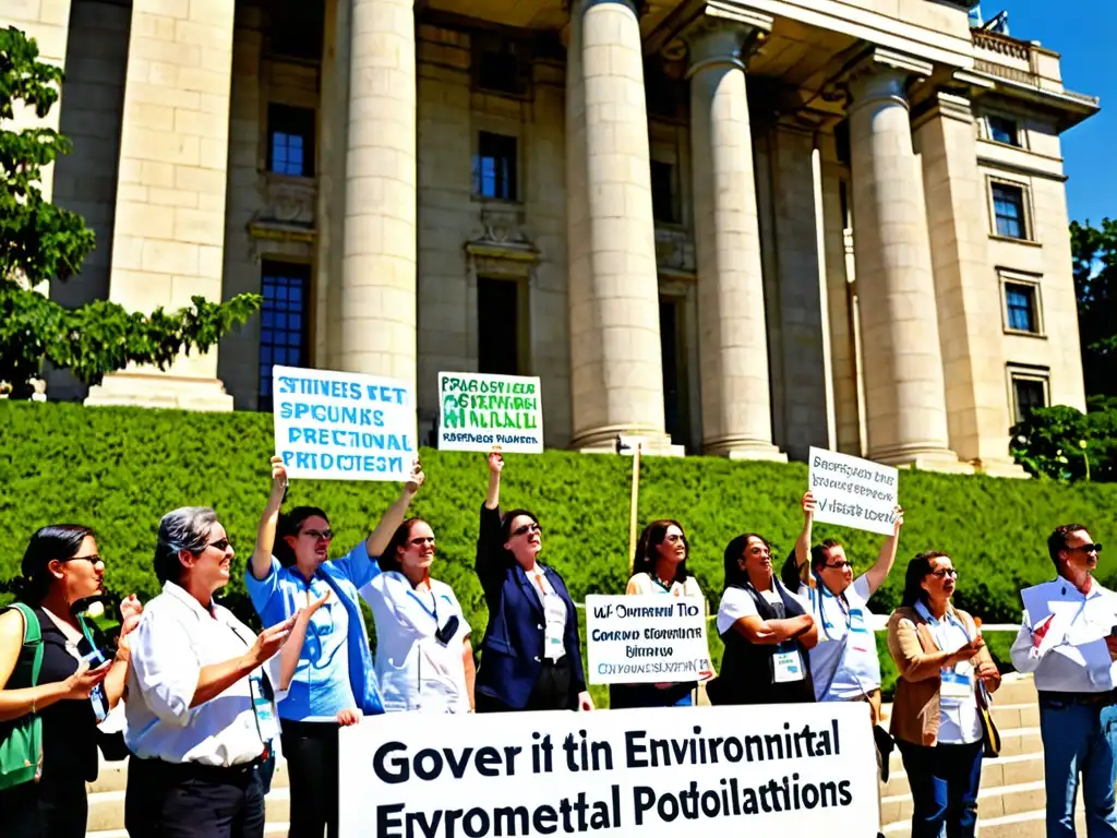 Activistas ambientales abogan por regulaciones más fuertes y protección de hábitats naturales frente a un edificio gubernamental