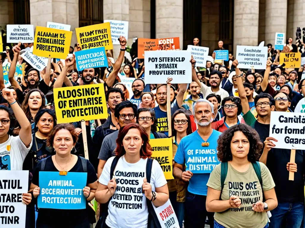 Activistas defienden animal bienestar y biodiversidad con pancartas frente a gobierno, transmitiendo determinación y solidaridad