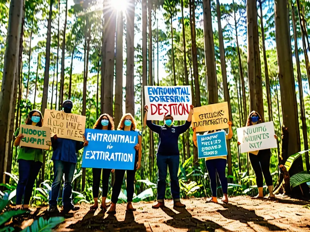 Activistas en el bosque con pancartas sobre medio ambiente, protestando contra la deforestación