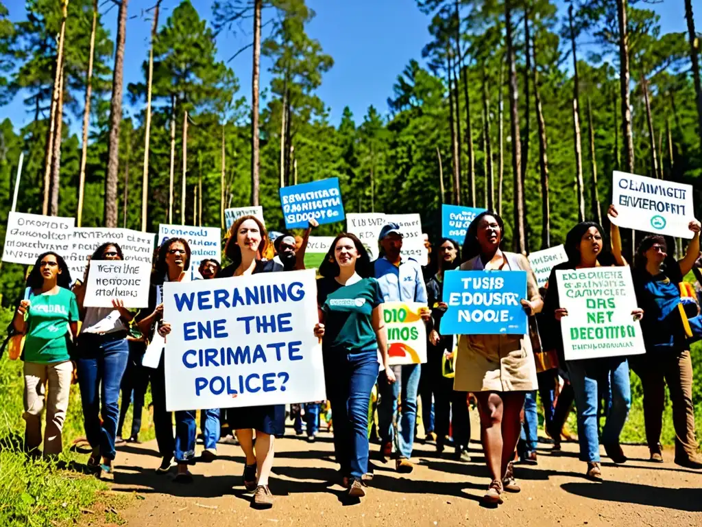 Activistas marchando por el bosque con pancartas, abogando por ONGs en políticas de cambio climático