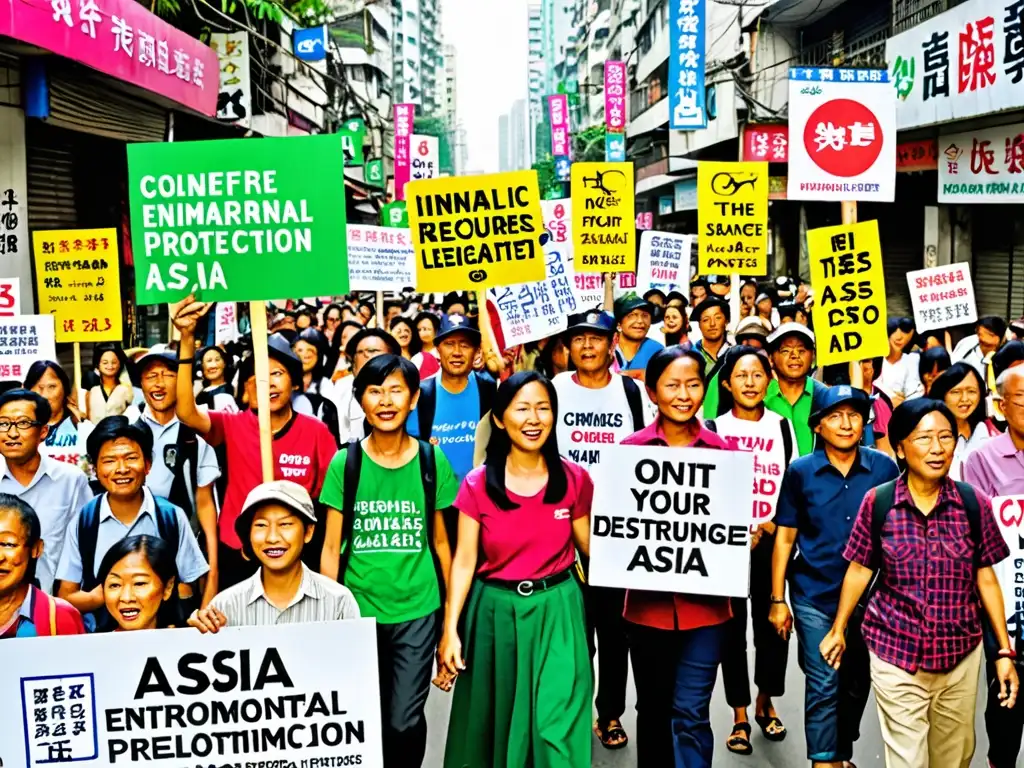 Activistas marchan por la ciudad de Asia con pancartas por la legislación ambiental en Asia, representando la lucha por un futuro sostenible