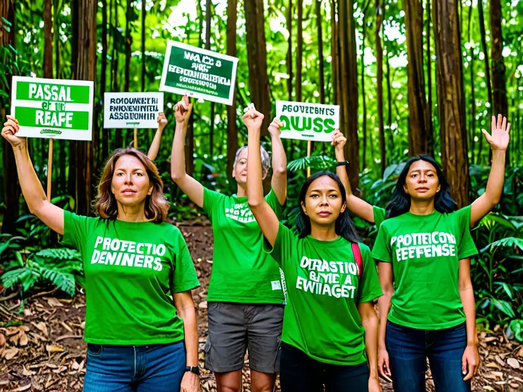 Activistas defensores del medio ambiente unidos frente a un bosque verde exuberante, sosteniendo pancartas con mensajes poderosos