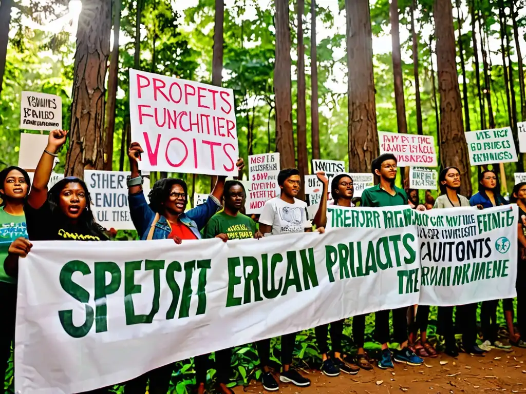 Activistas de derechos humanos y medio ambiente luchando unidos en un bosque verde, con pancartas poderosas y rostros llenos de determinación