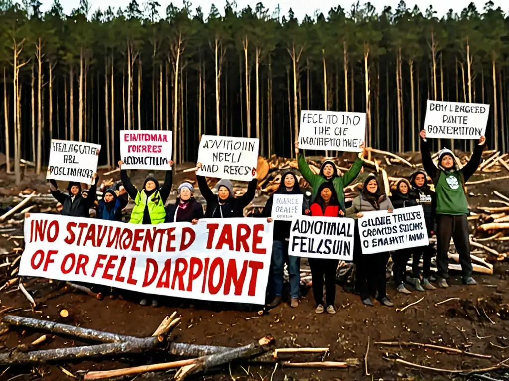 Activistas defienden derechos humanos y medio ambiente en bosque talado al atardecer