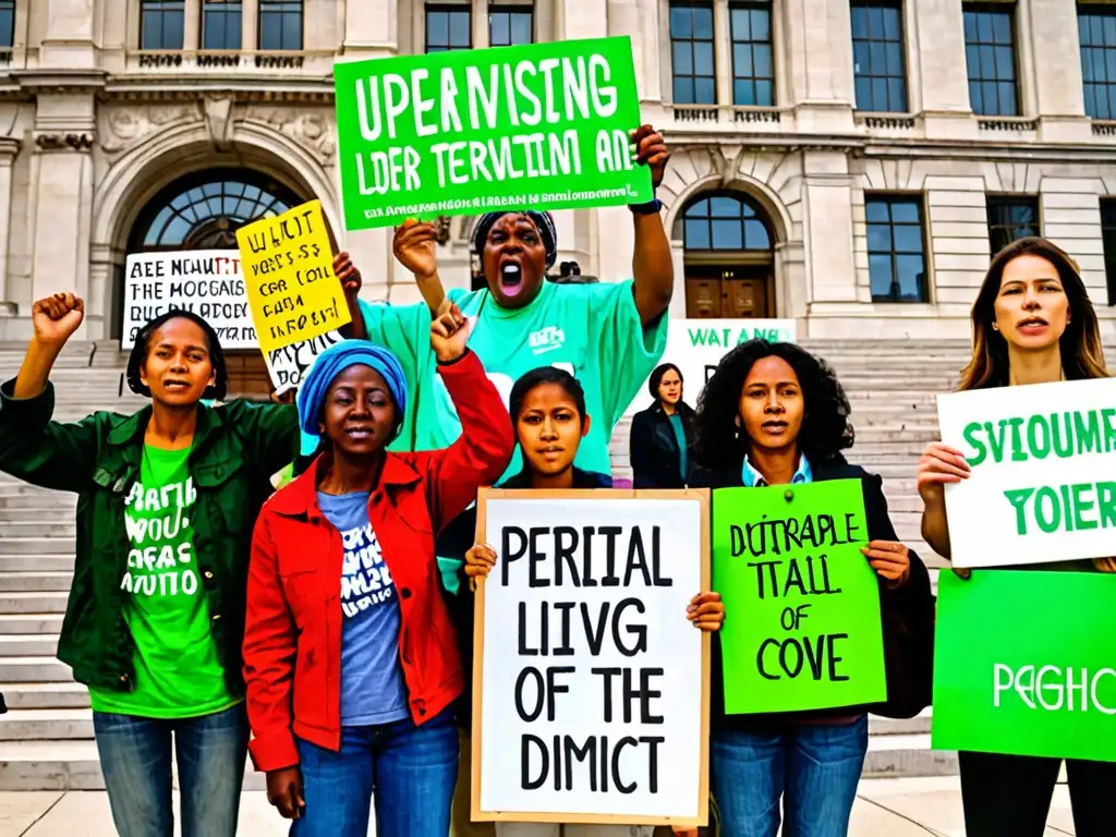 Activistas protestan pacíficamente frente al ayuntamiento, sosteniendo carteles verdes por el activismo verde y el impacto global