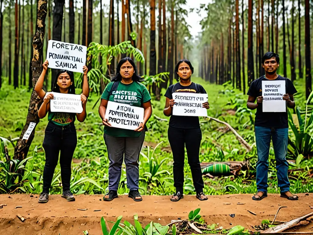 Activistas defienden la frontera entre bosque protegido y área deforestada, con letreros por el derecho ambiental