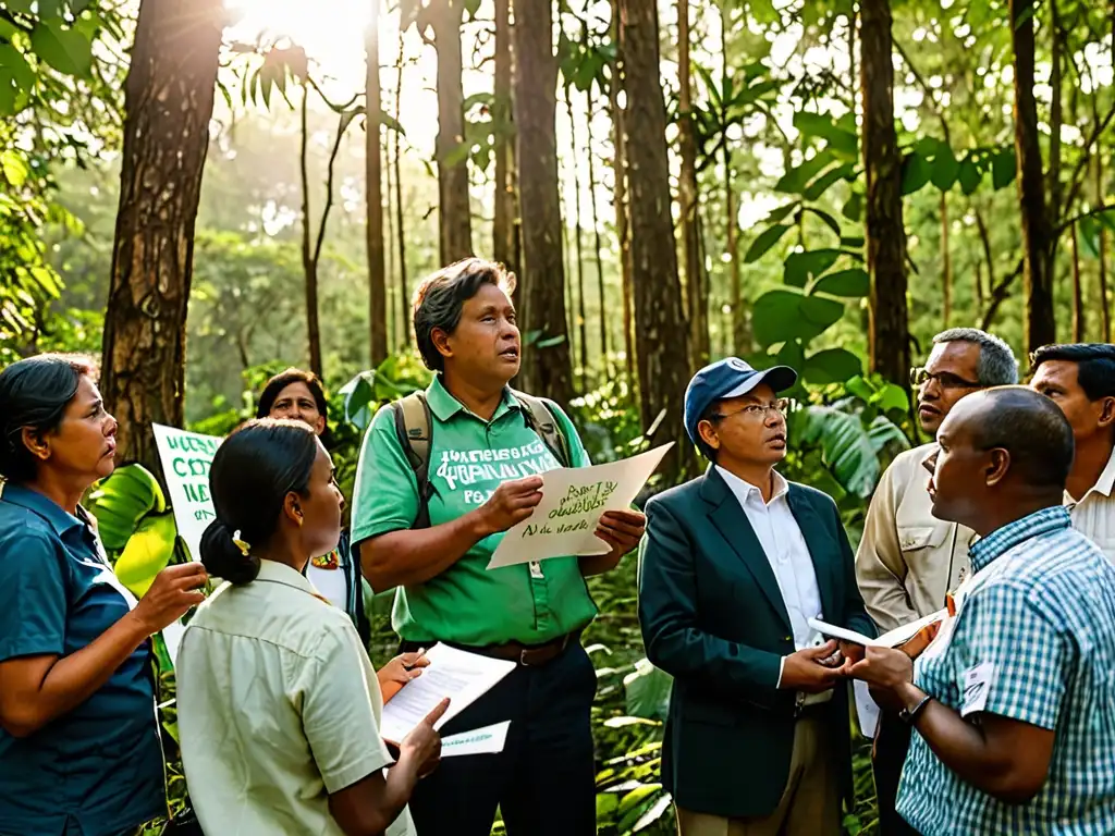 Activistas y funcionarios planifican estrategias frente a un frondoso bosque, destacando la importancia de las ONGs en Derecho Ambiental