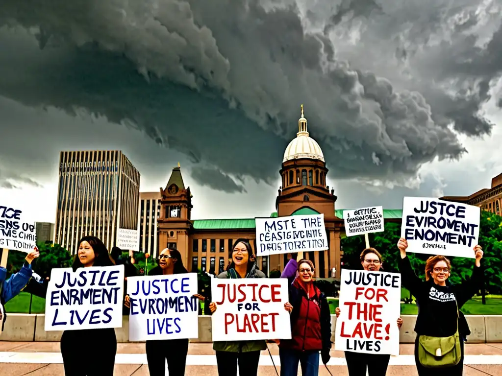 Activistas marchan por la justicia ambiental bajo un cielo tormentoso en la ciudad