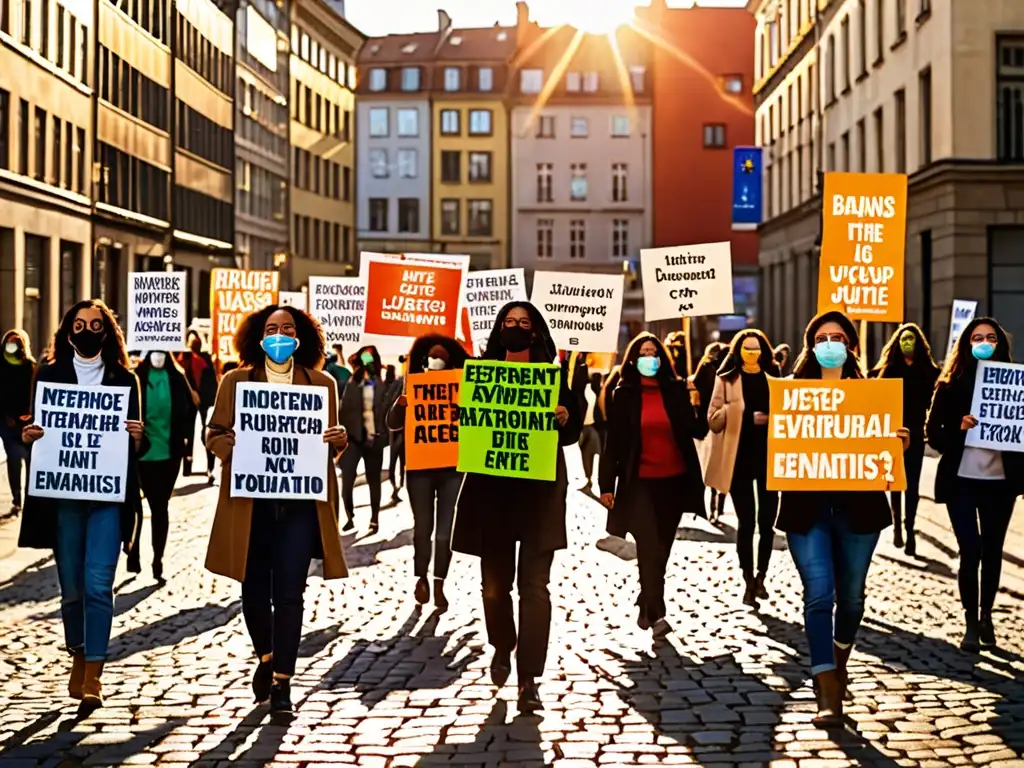 Activistas marchando por la justicia ambiental en una plaza de la ciudad al atardecer, con letreros coloridos