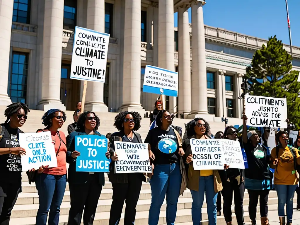 Activistas exigen justicia climática y equidad en protesta pacífica frente a edificio gubernamental bajo cielo azul brillante