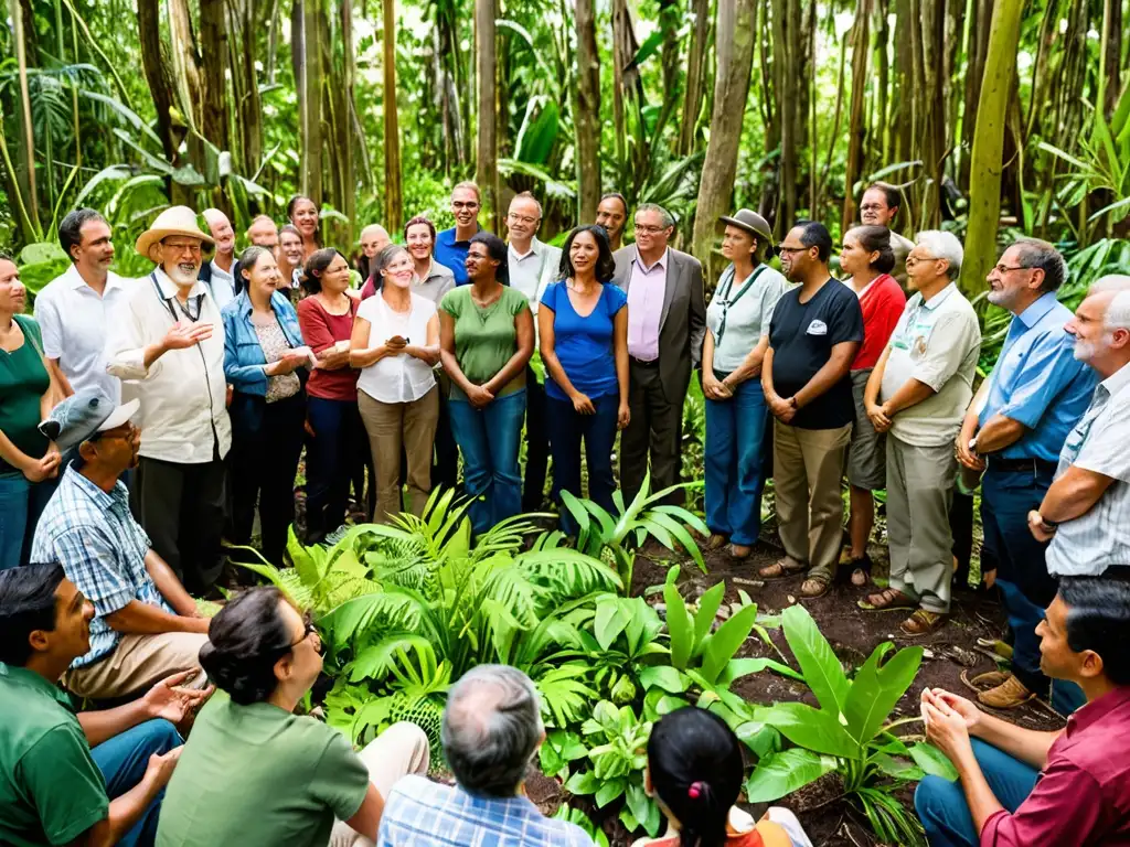 Activistas y líderes locales colaboran en avances legales protección ecosistemas locales, rodeados de exuberante biodiversidad