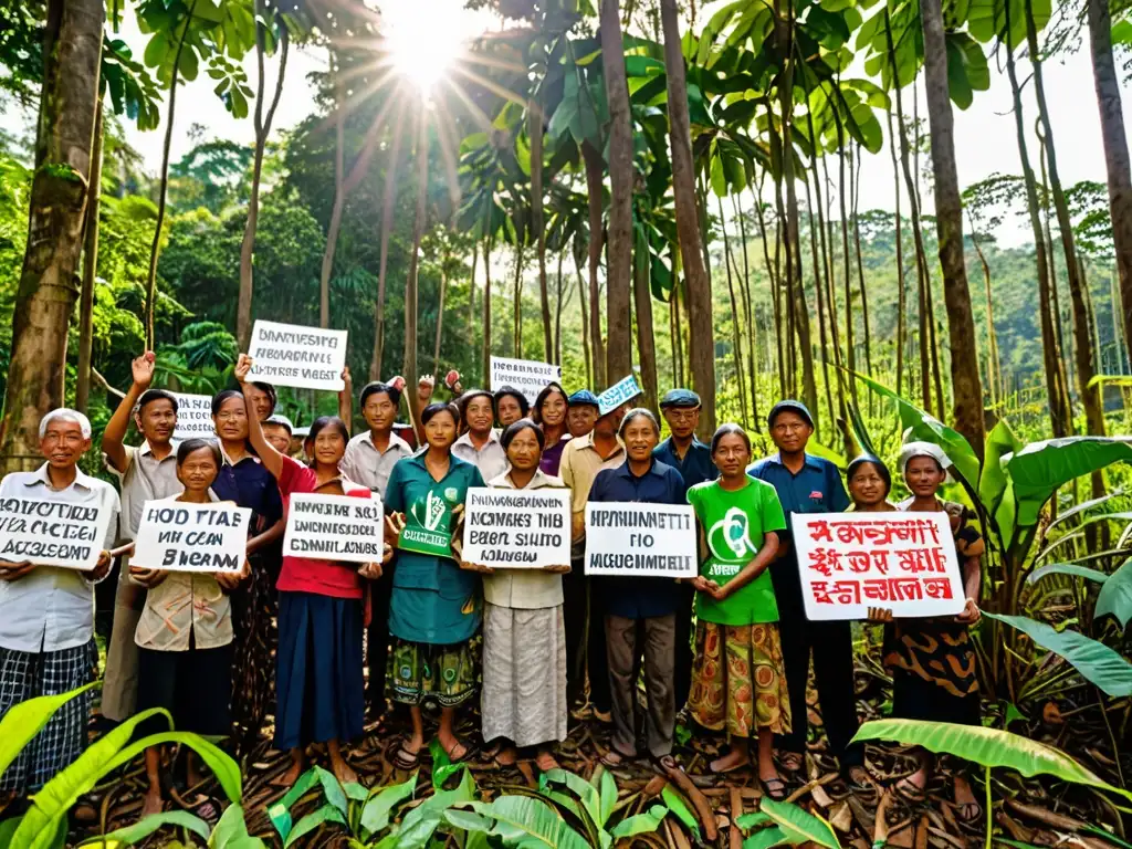 Activistas y lugareños protestan pacíficamente en un bosque biodiverso en una región conflictiva de Asia, abogando por la legislación ambiental en zonas de conflicto