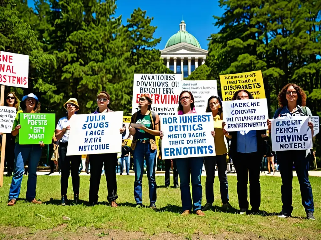 Activistas protestan por el medio ambiente frente a un juzgado, con un bosque verde de fondo