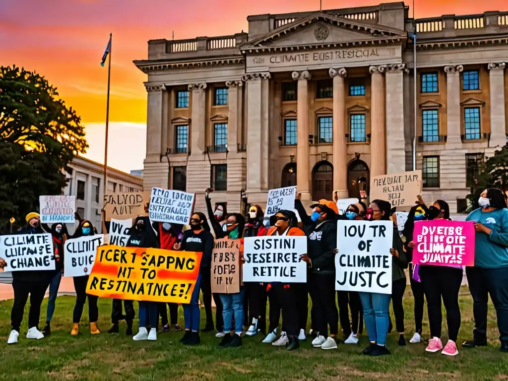 Activistas con mensajes sobre movimientos sociales justicia climática frente a un edificio gubernamental al atardecer