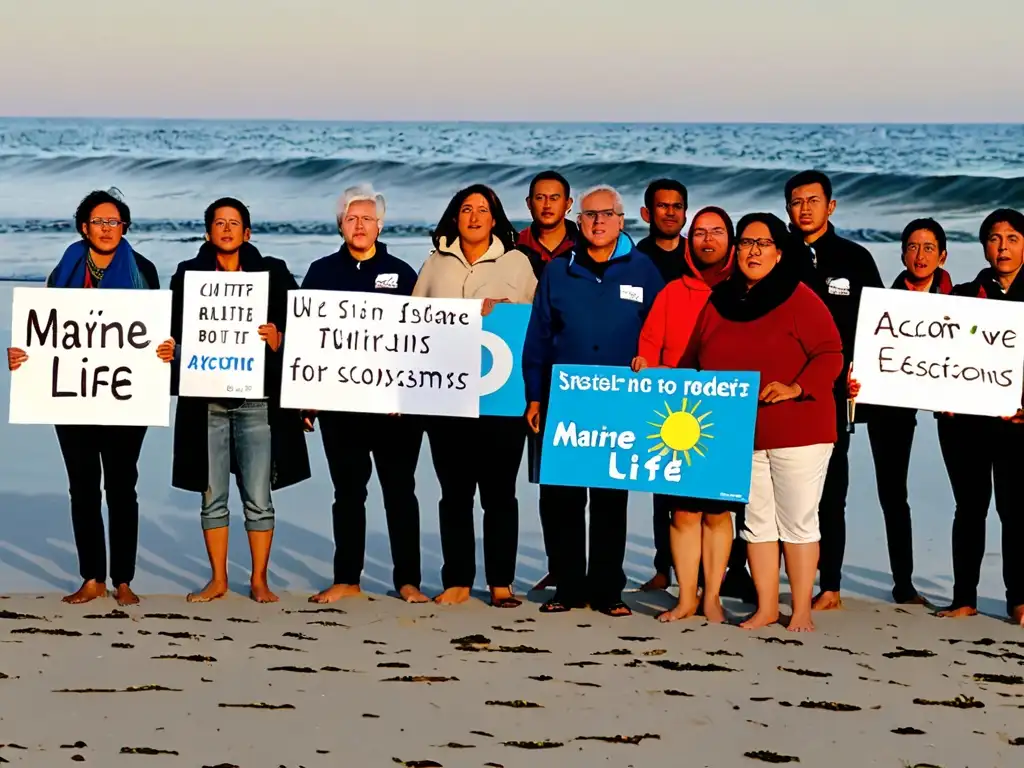 Activistas y miembros de ONG en playa arenosa, con letreros pidiendo enmiendas legislación marina impacto ambiental, con fondo de mar y gaviotas