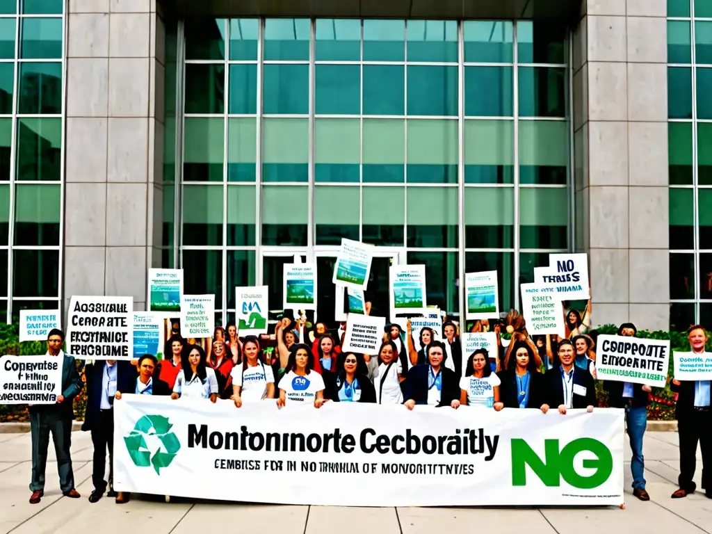 Activistas de ONGs exigen cumplimiento ambiental corporativo con pasión frente a edificio corporativo