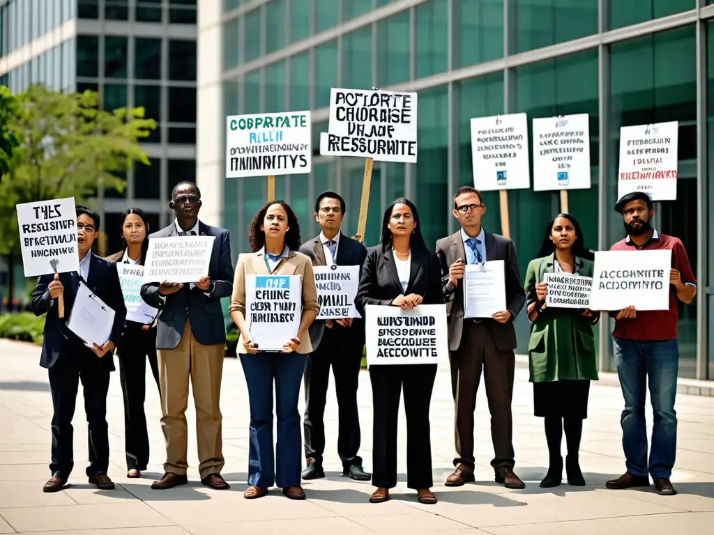 Activistas ONGs monitoreo cumplimiento ambiental corporativo protestan pacíficamente ante edificio corporativo, con carteles impactantes