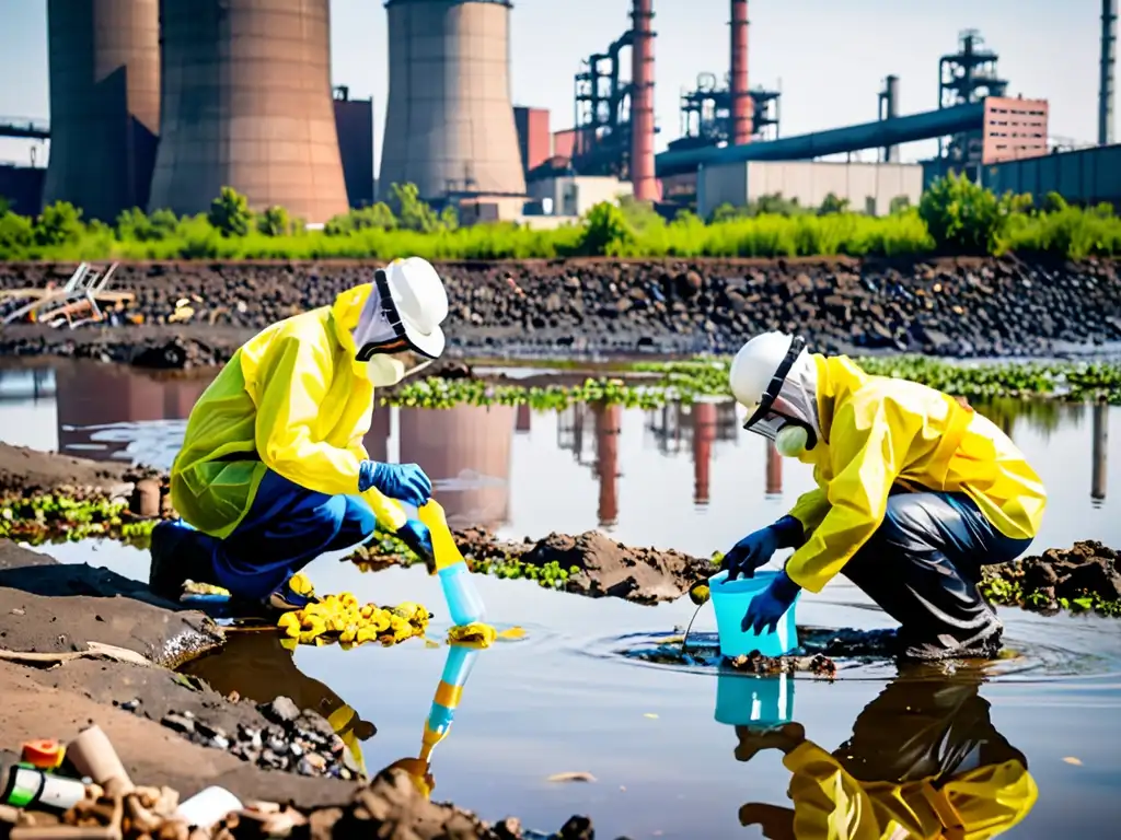 Activistas de ONGs monitoreo cumplimiento ambiental corporativo toman muestras de río contaminado por fábricas