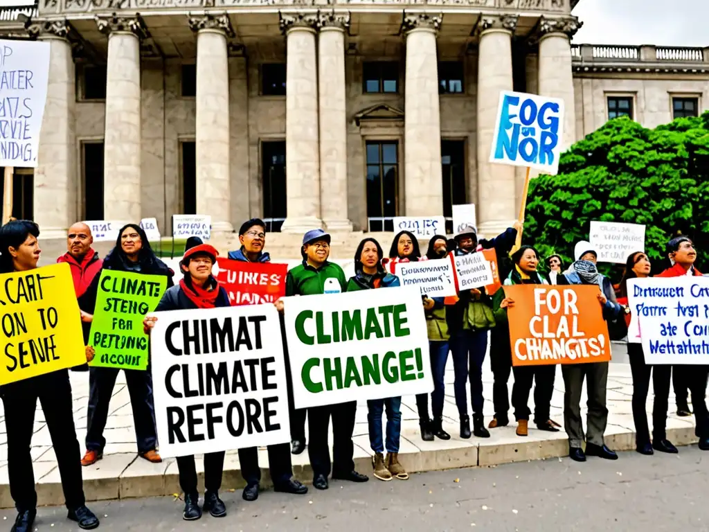 Activistas de ONGs abogan por políticas de cambio climático en protesta pacífica frente a edificio gubernamental