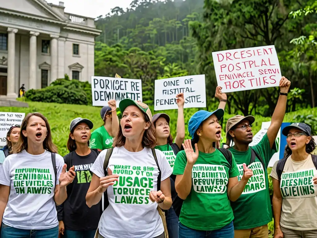 Activistas pacíficos luchando por la importancia de las ONGs en legislación ambiental frente al gobierno, con un bosque exuberante de fondo