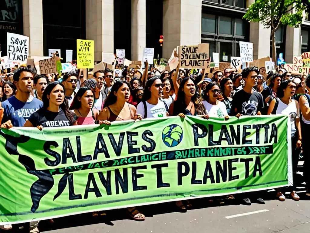 Manifestación de activistas con pancarta 'Salvemos el Planeta', exigiendo impacto global legislación ambiental