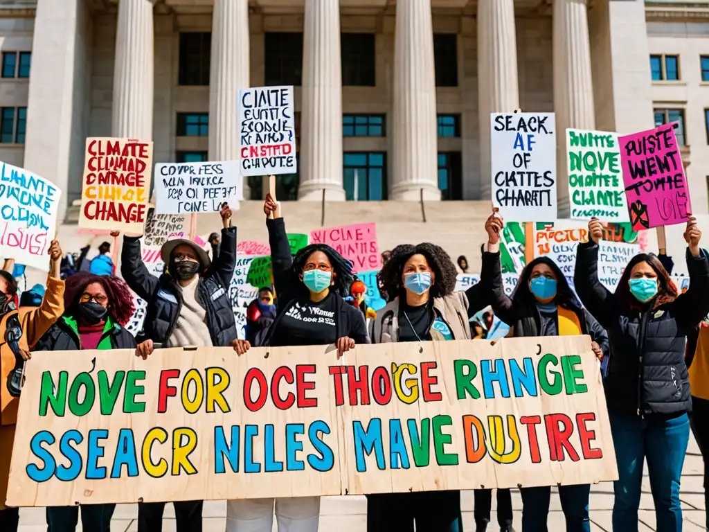 Activistas con pancartas coloridas en manifestación por movimientos sociales justicia climática