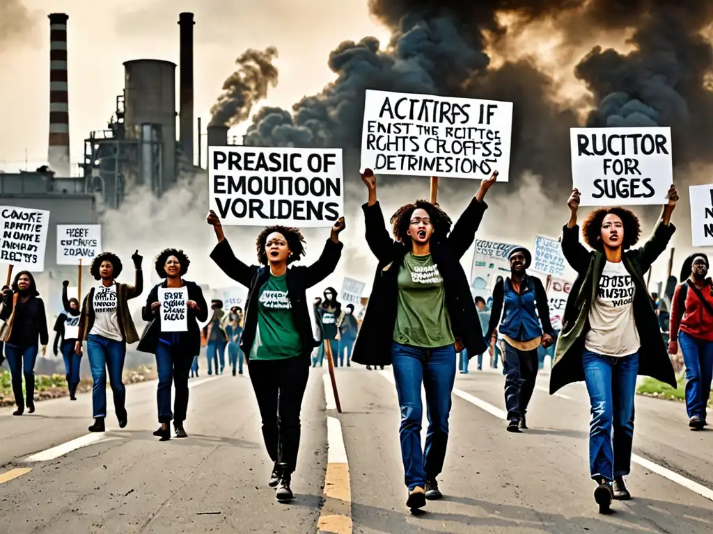 Activistas marchan en protesta por la protección ambiental y los derechos humanos en un paisaje industrial contaminado