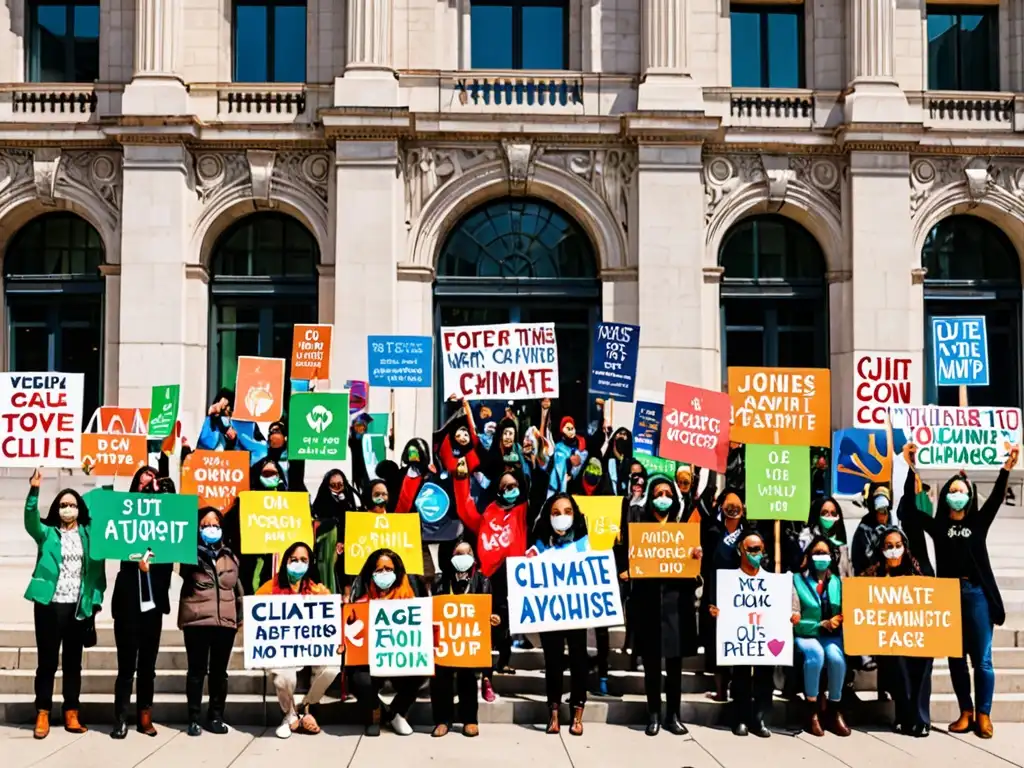 Activistas de ONGs unidos por cambio climático, despliegan mensajes coloridos frente a edificio gubernamental, simbolizando determinación y urgencia