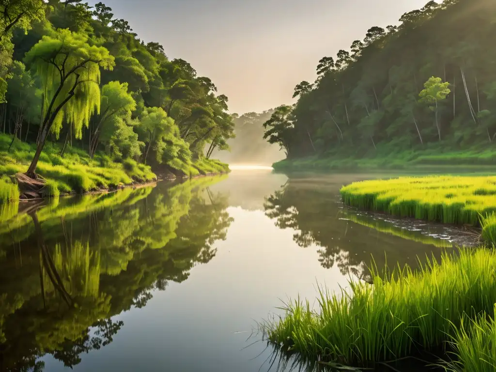 Río Tijibos: Serenidad y Belleza Natural Acuerdo de Tijibos protección cursos agua: Amanecer dorado sobre el río sereno entre colinas verdes