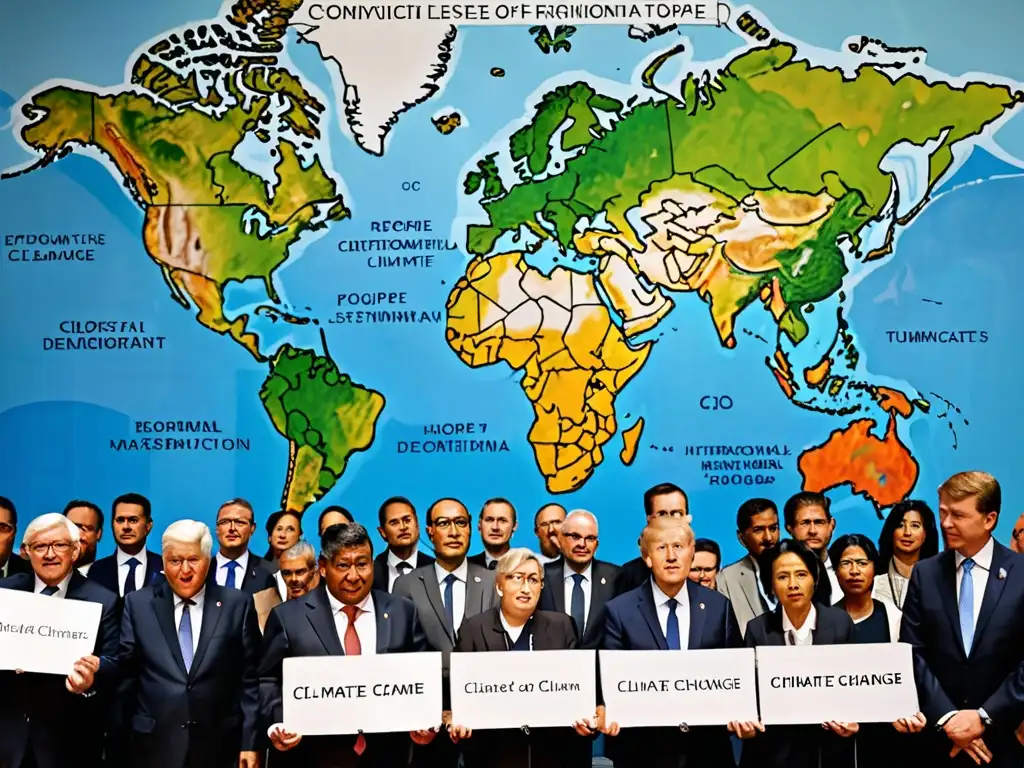 Acuerdos internacionales lucha cambio climático: Líderes mundiales y activistas ambientales se reúnen en cumbre climática global, debatiendo con determinación